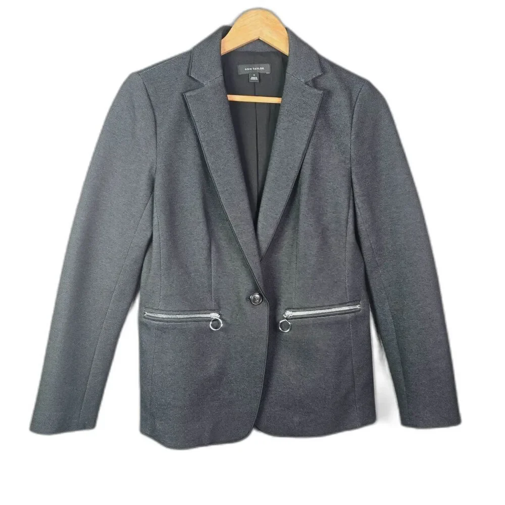 Ann Taylor Textured Blazer Gray 4 Zipper Pocket Stretch Minimalist Workwear